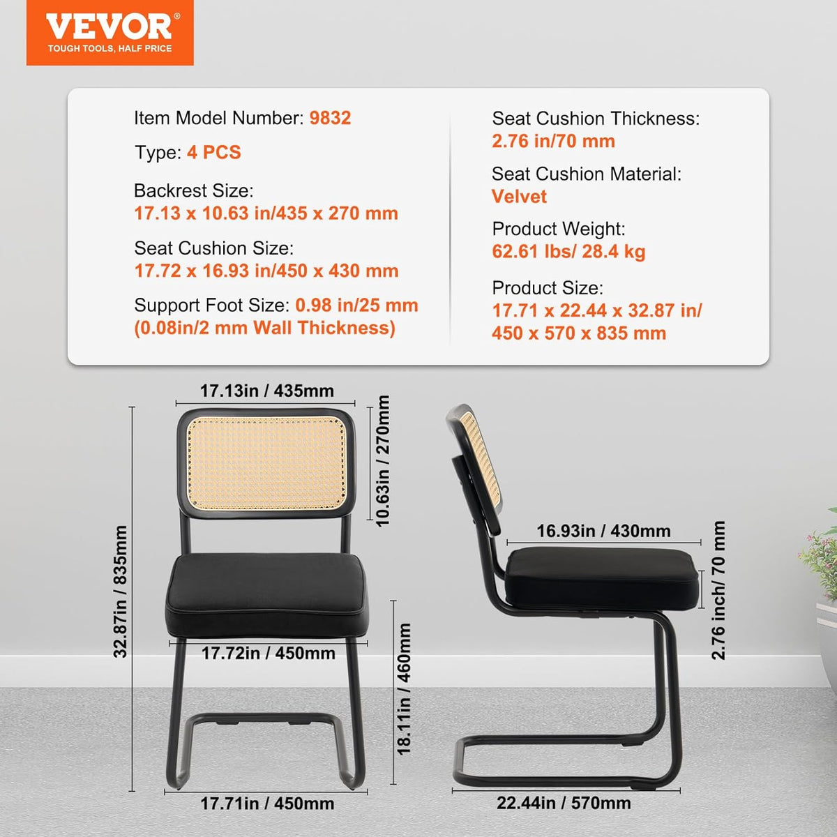VEVOR Stoel van rotan, fluweel, zwart, 4 stoelen