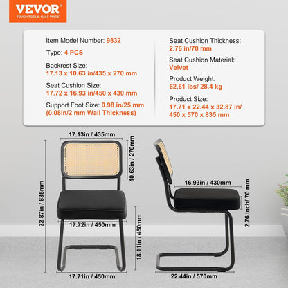 VEVOR Stoel van rotan, fluweel, zwart, 4 stoelen