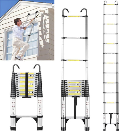 JADDUO Telescopische ladder 3,8 m, aluminium vouwladder met haken, inklapbare treeplank, multifunctionele ladder, draagkracht 150 kg, trapafstand 30 cm