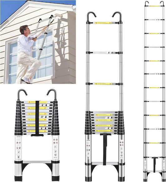 JADDUO Telescopische ladder 3,8 m, aluminium vouwladder met haken, inklapbare treeplank, multifunctionele ladder, draagkracht 150 kg, trapafstand 30 cm