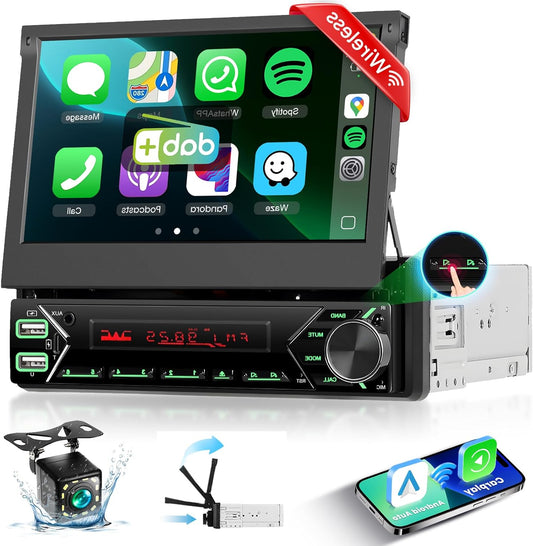1 DIN DAB+ car radio with 7-inch motorized touch screen, wireless CarPlay & Android Auto, podofo car radio with Bluetooth, USB-C, Mirror Link and rear view camera - QUORE