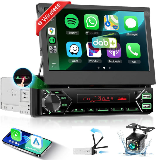 1 DIN DAB+ autoradio met 7-inch gemotoriseerd touchscreen, draadloze CarPlay & Android Auto, Podofo autoradio met Bluetooth, USB-C, Mirror Link en achteruitrijcamera