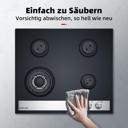 Gaskookplaat – Glazen Kookplaat – Inbouwkookplaat – Gasfornuis – Fornuis – 4 Vlammen – Wokbrander – 60 cm – 8000 Watt