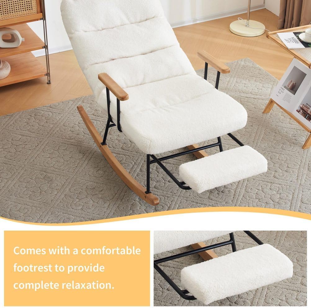 Schommelstoel – Schommelstoel Met Voetensteun – Relaxstoel – Fauteuil – Lounge Stoel – Verstelbare Rugleuning – Bouclé Stof Met Metalen Poten En Houten Basis