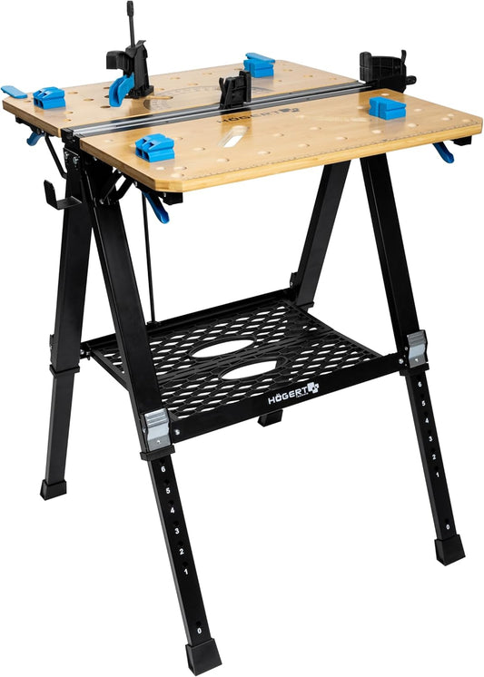 HÖGERT TECHNIK Opvouwbare werkplaatstafel 700 x 650 x 915 mm met bamboeplaat, 5-voudig in hoogte verstelbaar, 450 kg draagkracht, boringen, verbindingsstukken en spanklemmen