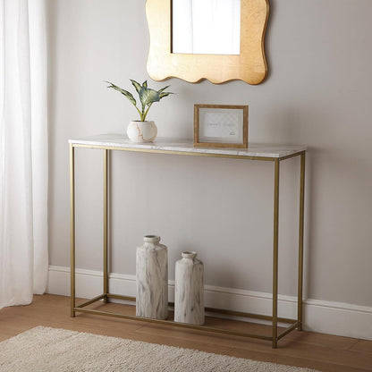 Versa Montpellier Smalle hal of vestibule Entree hal meubilair, Console Tafel, Afmetingen (H x B x H) 81 x 30 x 100 cm, Hout en Metaal, Kleur Marmer en goud