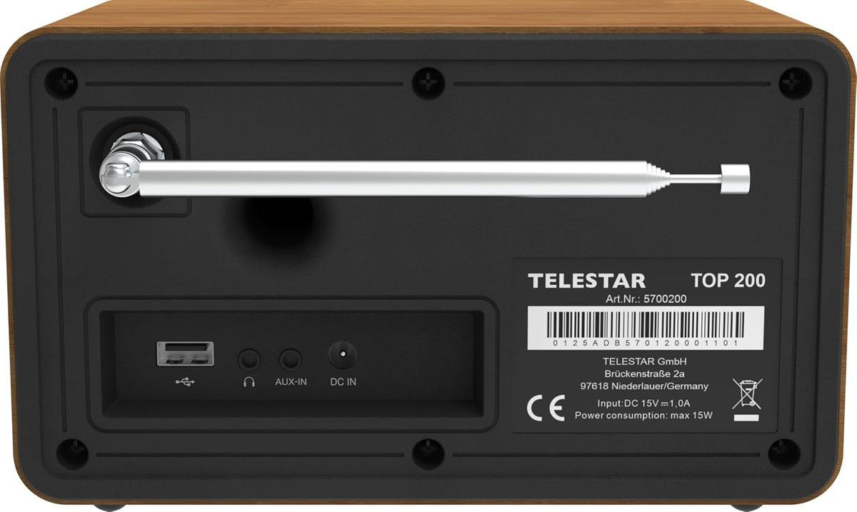 TELESTAR TOP 200 – DAB+/internetradio (mono, 10 watt, Bluetooth zender/ontvangstfunctie, USB-opname, noodwaarschuwingssysteem, app-bediening) – hout