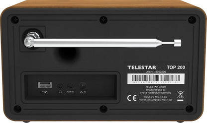 TELESTAR TOP 200 – DAB+/internetradio (mono, 10 watt, Bluetooth zender/ontvangstfunctie, USB-opname, noodwaarschuwingssysteem, app-bediening) – hout