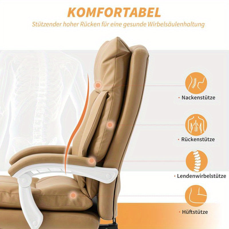 Ergonomische Bureaustoel – Bureaustoel – Werkstoel – Gamestoel – Desk Chair – Met Lendensteun – Verstelbare Hoogte – Inklapbare Armleuningen – Uitklapbare Voetensteun – 5 Wielen – Handmatige Verstelling – Bruin