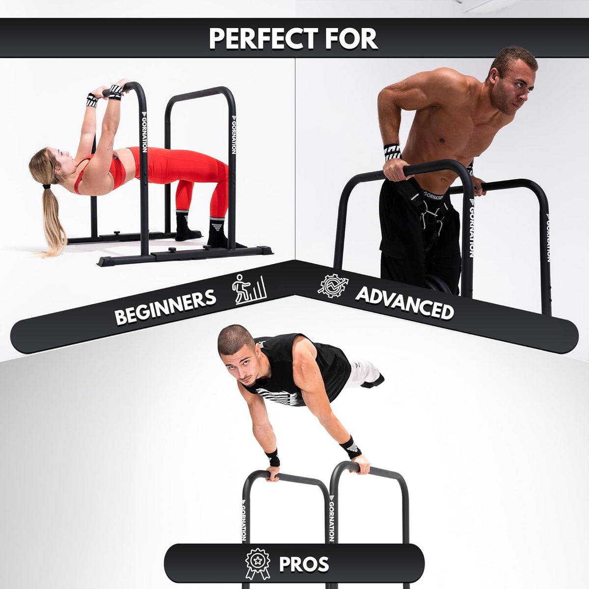GORNATION Premium Dip Bars, Calisthenics & Fitness Training Equipment met Verstelbare & Anti-Slip Voeten, Ideaal voor Home en Outdoor Workouts