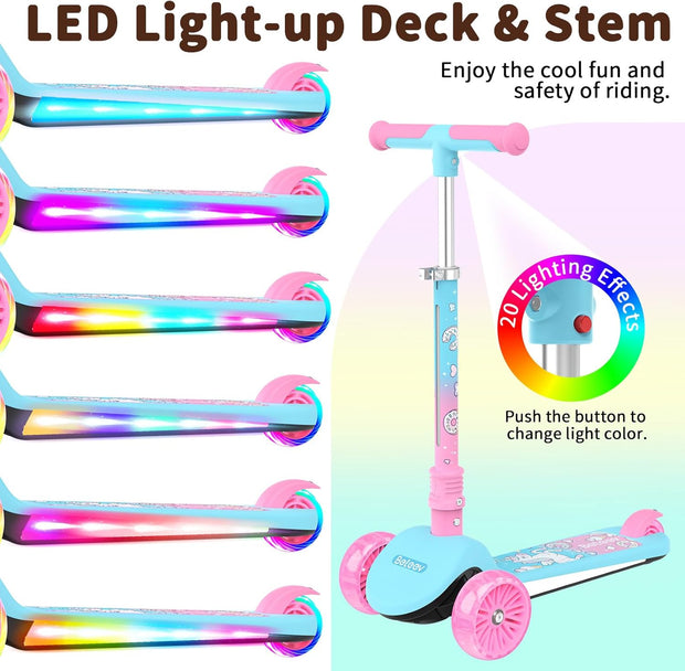 BELEEV Scooter voor kinderen van 3-12 jaar met lichtgevende wielen en deck, 3-wielige opvouwbare scooter voor peuters, meisjes, jongens, 4 verstelbare hoogte, antislippatroondek, lichtgewicht scooter