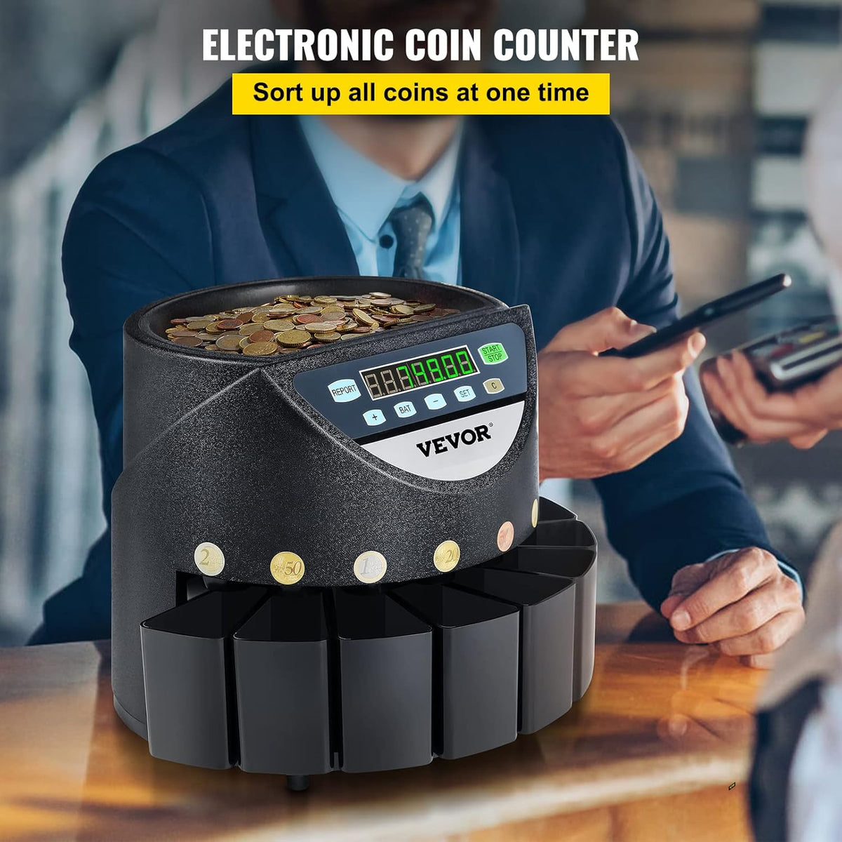 VEVOR Professionele euromuntenteller, 220 V, 300 munten per minuut, muntsorteerder, 7-cijferig led-display, munttelmachine met 8 zeer nauwkeurige verzameldozen