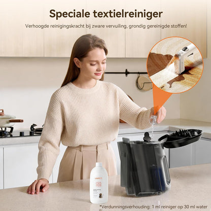 Tapijtreiniger – Vlekkenverwijderaar – Stoffenreiniger – Meubelreiniger – Schoonmaakmachine – Krachtige Zuigkracht 18 kPa – 600 Watt Motor – Dubbelzijdige Borstel – 2 Watertanks 1,2 L – Voegborstel – Zwart-Wit Variant