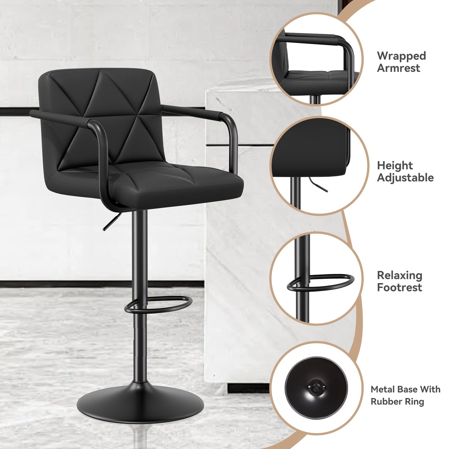 Barstoel – Barkruk – Barstoel Kruk – Barkrukken Set – Barstoel Stoel – Verstelbare Hoogte – 360° Draaibaar – Foam Gevuld – Ergonomisch – Set van 2 – Zwart