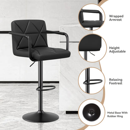 Barstoel – Barkruk – Barstoelkruk – Barstoelen – Barkrukken – Set Van 2 – Verstelbare Hoogte – 360° Draaibaar – Ergonomisch Met Traagschuim Rugleuning & Armsteun – Stevig Metalen Frame – Compact Ontwerp Voor Binnen