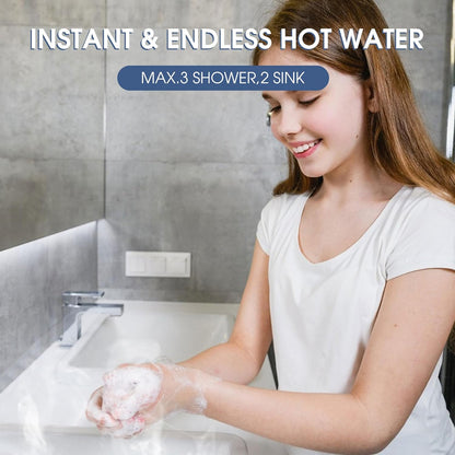 Tankloze elektrische doorstroomboiler, 27 kW, 240 V, eindeloos heet water op aanvraag, met digitale temperatuurweergave voor douches, 114 A, wit