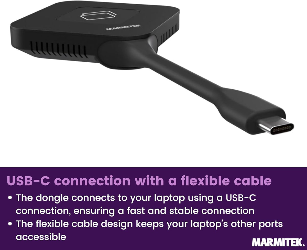 Draadloos 4K HDMI presentatiesysteem Marmitek Stream 4K Pro KIT 1TX/1RX - Zonder software of wifi - USB-C dongle & receiver, split screen, touchback, PoE - Dual HDMI - BYOD mirroring