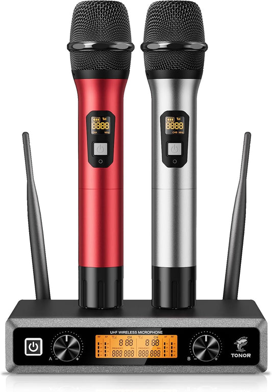 Draadloos Microfoonsysteem – Draadloze Microfoonset – Karaoke Microfoonset – Handmicrofoonset – UHF Microfoonsysteem – Set Van 2 Handmicrofoons Zilver En Rood – Tot 60 Meter Bereik – Metalen Behuizing