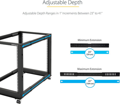 StarTech 18U 4-Post Server Rack, 19in Open Frame Rack met 101cm Montagediepte en 544kg Draagkracht, Mobiel of Vrijstaand IT Rack