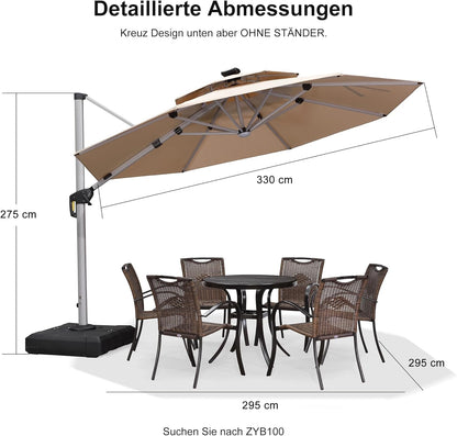 PURPLE LEAF Parasol met led-zonverlichting, zweefparasol, Ø 330 cm, marktscherm, groot, 360 graden rotatie, tuinscherm met zwengel, balkonscherm XXL, zonwering UV50+, beige
