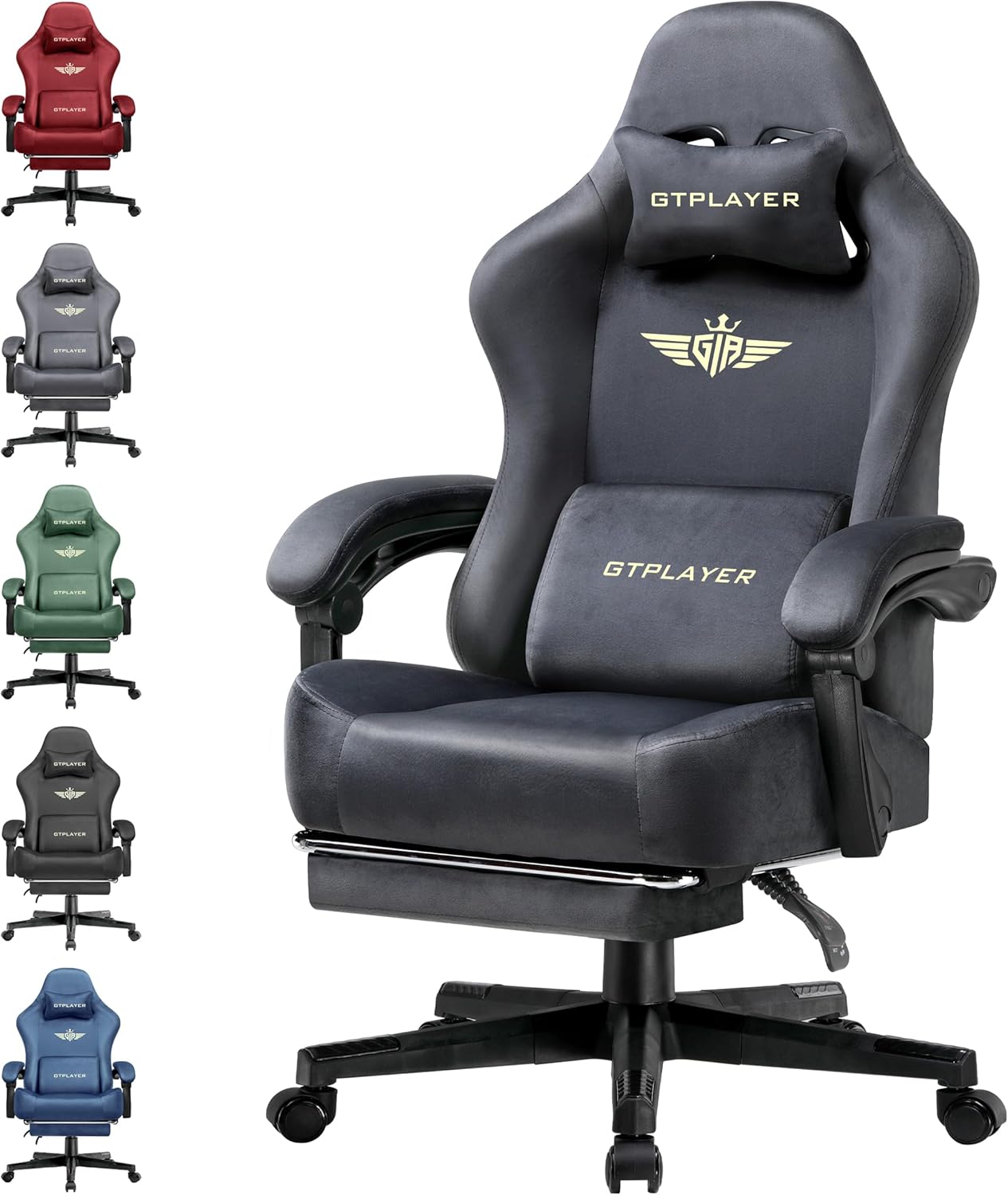 GTPLAYER Gaming Stoel Stof met Pocket Spring Kussen, Grote en Hoge Gamings Stoelen 350lbs Hoge Rug Computer Stoel met Voetsteun voor Volwassenen Lumbale Ondersteuning Draaibare Spel Stoel voor Kantoor