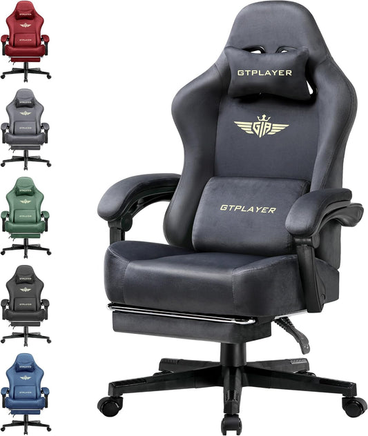 GTPLAYER Gaming Stoel Stof met Pocket Spring Kussen, Grote en Hoge Gamings Stoelen 350lbs Hoge Rug Computer Stoel met Voetsteun voor Volwassenen Lumbale Ondersteuning Draaibare Spel Stoel voor Kantoor