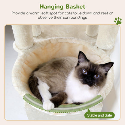 Krabpaal – Kattenboom – Kattenhuis – Krabmeubel – Klimpaal – Grote Basis 72x45 cm – 2 Luxe Kattenhuisjes – Hoogte 156 cm – Stabiel – Sisal Krabpalen – Anti-Omval