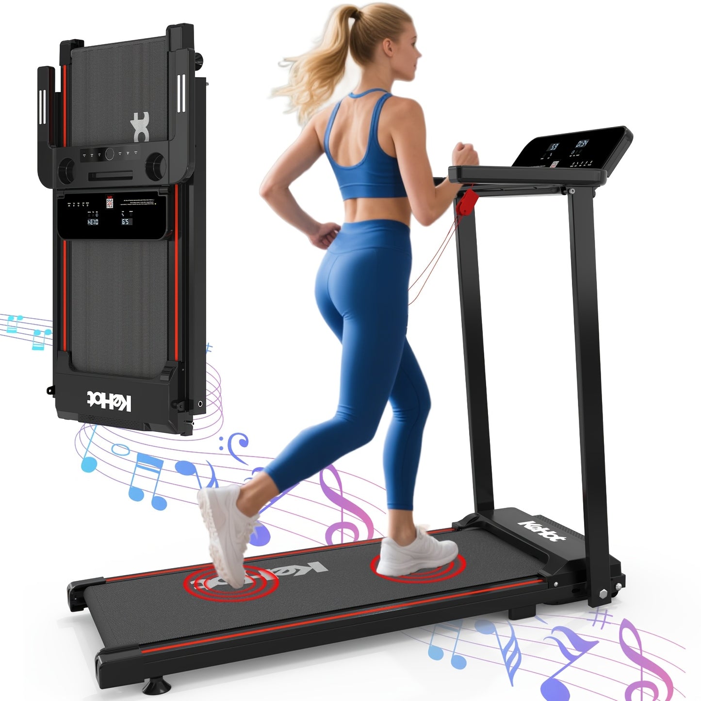 Treadmill | 1-12 Km/h Speed, 12 Training Modes, App Connectivity, LED Display With Remote, 100kg Capacity, Quiet & Foldable Design | Black Rubber, Kehot Brand, Wireless Wireless Music & App, Without Battery