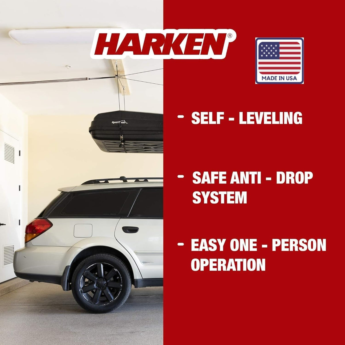 HARKEN 7801.12 Hoister – garage-opslag, takelsysteem voor kajaks, kano’s, surf- en paddleboards (max. 27 kg, plafondhoogte 3,7 m), zelfnivellerend, anti-val, eenvoudig te bedienen door één persoon