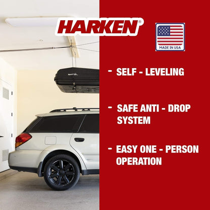 HARKEN 7801.12 Hoister – garage-opslag, takelsysteem voor kajaks, kano’s, surf- en paddleboards (max. 27 kg, plafondhoogte 3,7 m), zelfnivellerend, anti-val, eenvoudig te bedienen door één persoon