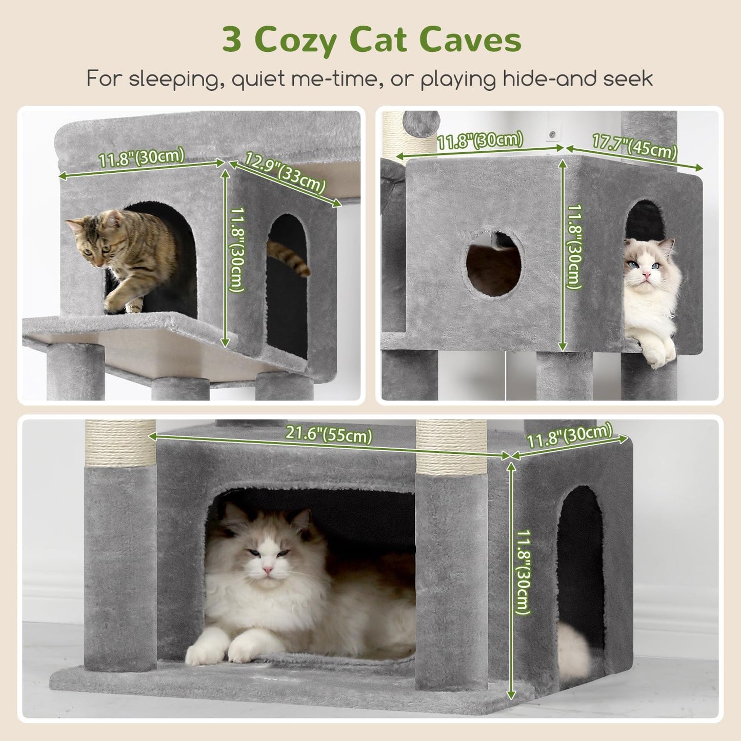 Globlazer Cat Tree Large, Scratching Post XXl high 204cm with 3 cat house, 2 Large Platform, 2 Cat Baskets Soft, Stable cat tower luxury for 3-5 Large cats Rest Play Indoor (F80F, Light grey) - QUORE