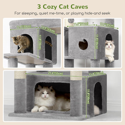 Globlazer Cat Tree Large, Scratching Post XXl high 204cm with 3 cat house, 2 Large Platform, 2 Cat Baskets Soft, Stable cat tower luxury for 3-5 Large cats Rest Play Indoor (F80F, Light grey) - QUORE