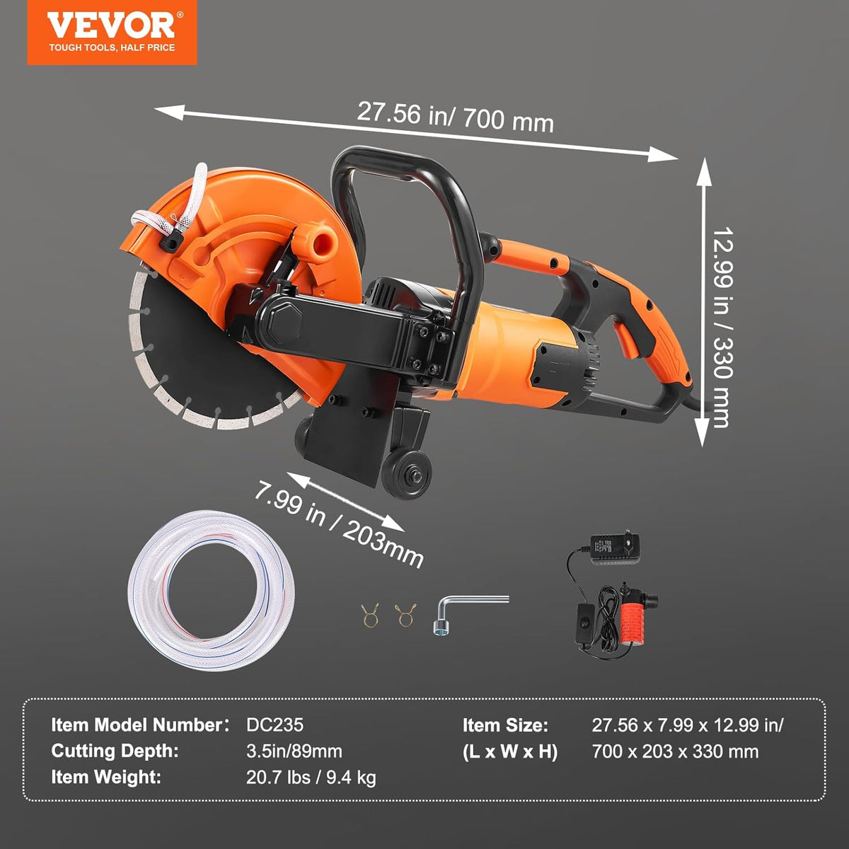 VEVOR Electric Concrete Saw, 230 mm, Powerful Circular Saw 2000 W, Cutting Depth 89 mm, Wet/Dry Disc Saw with Water Tube, Water Pump, Saw Blade, for Stone and Brick