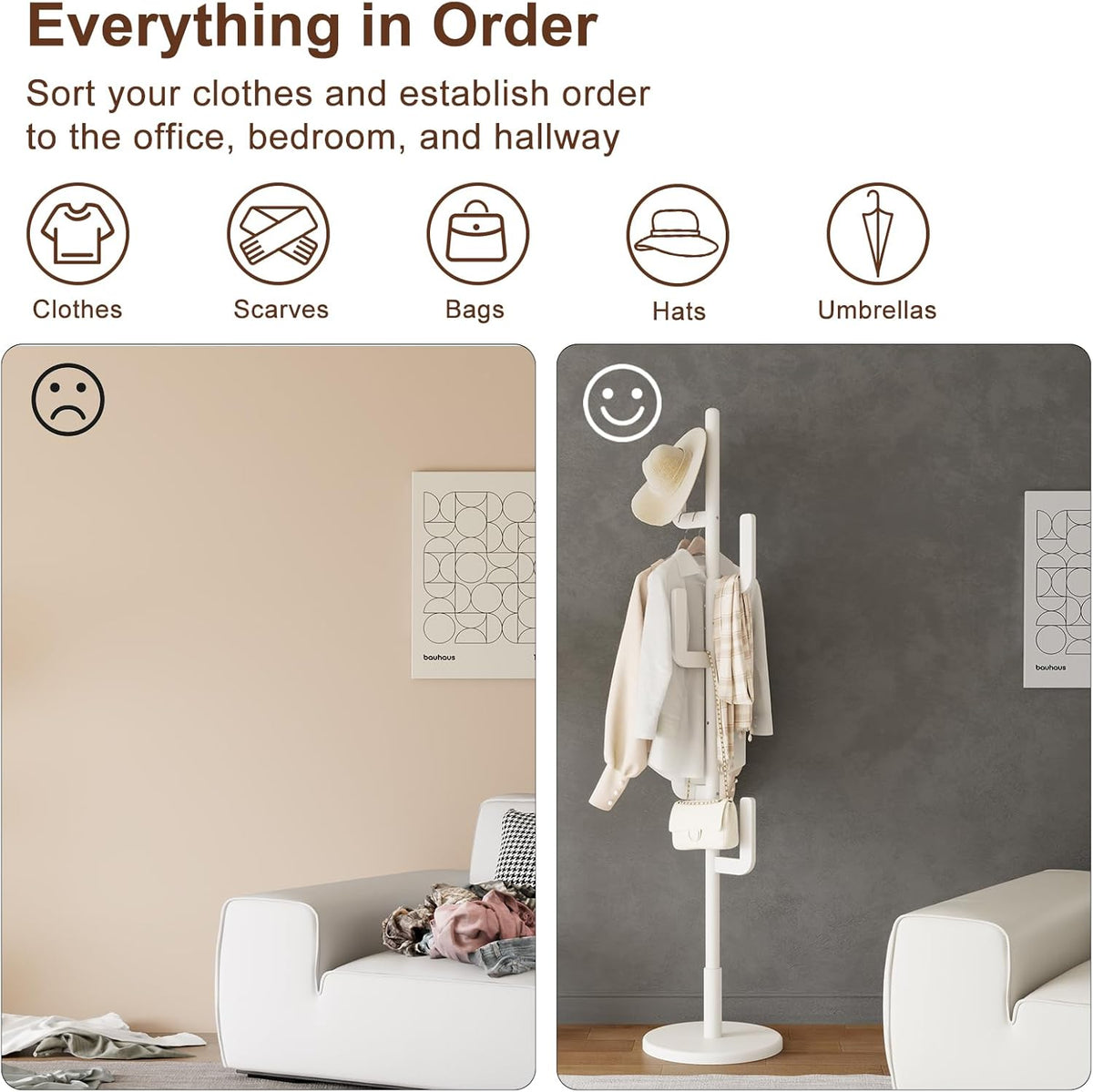 AQIMUELE Kapstok, kledingstandaard, massief hout, jasstandaard in cactusdesign met 6 haken, voor kleding en hoed, gemakkelijk te monteren, voor hal en slaapkamer (wit)