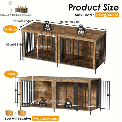 Hondenbench – Hondenkooi – Hondenhuis – Reisbench – Benchmeubel – XXL 200x70x85 cm – Hout & Metaal – Verwijderbare Tussenschot – 4 Deuren – Stevig Voor Grote Honden Tot 200 kg