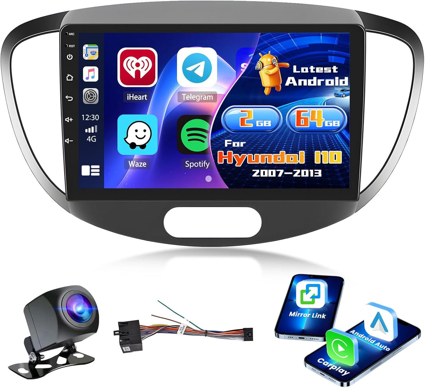 Autoradio voor i10 2007-2013 – Autoscherm – Android autoradio – CarPlay radio – Navigatiescherm – 9 Inch – 2GB/64GB – Draadloze CarPlay en Android Auto