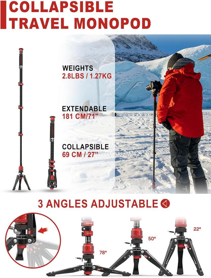 Monopod Met Standvoet – Eenpootstatief – Cameramonopod – Videostatief – Fotostatief – Koolstofvezel – 181 Cm En Draagvermogen 8 Kg