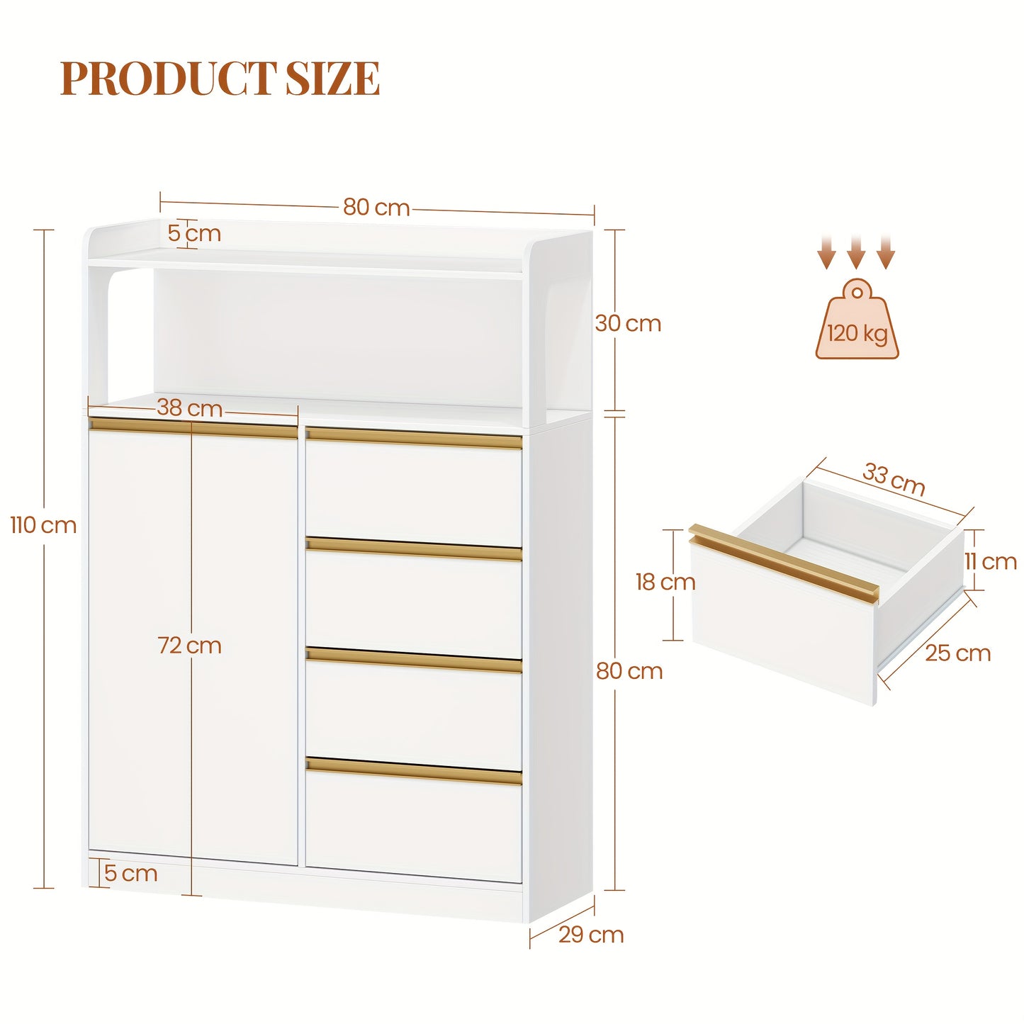 Badkamerkast – Badkamermeubel – Opbergkast – Kolomkast – Wastafelonderkast – 4 Laden & Open Vak – Verstelbare Planken – Wit 110x80x30 cm – Stevig Spaanplaat – Anti-Kantel Veiligheid