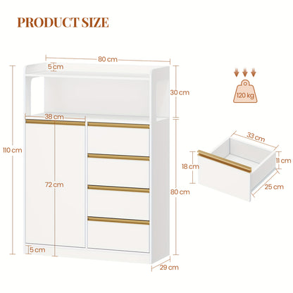 Badkamerkast – Badkamermeubel – Opbergkast – Kolomkast – Wastafelonderkast – 4 Laden & Open Vak – Verstelbare Planken – Wit 110x80x30 cm – Stevig Spaanplaat – Anti-Kantel Veiligheid