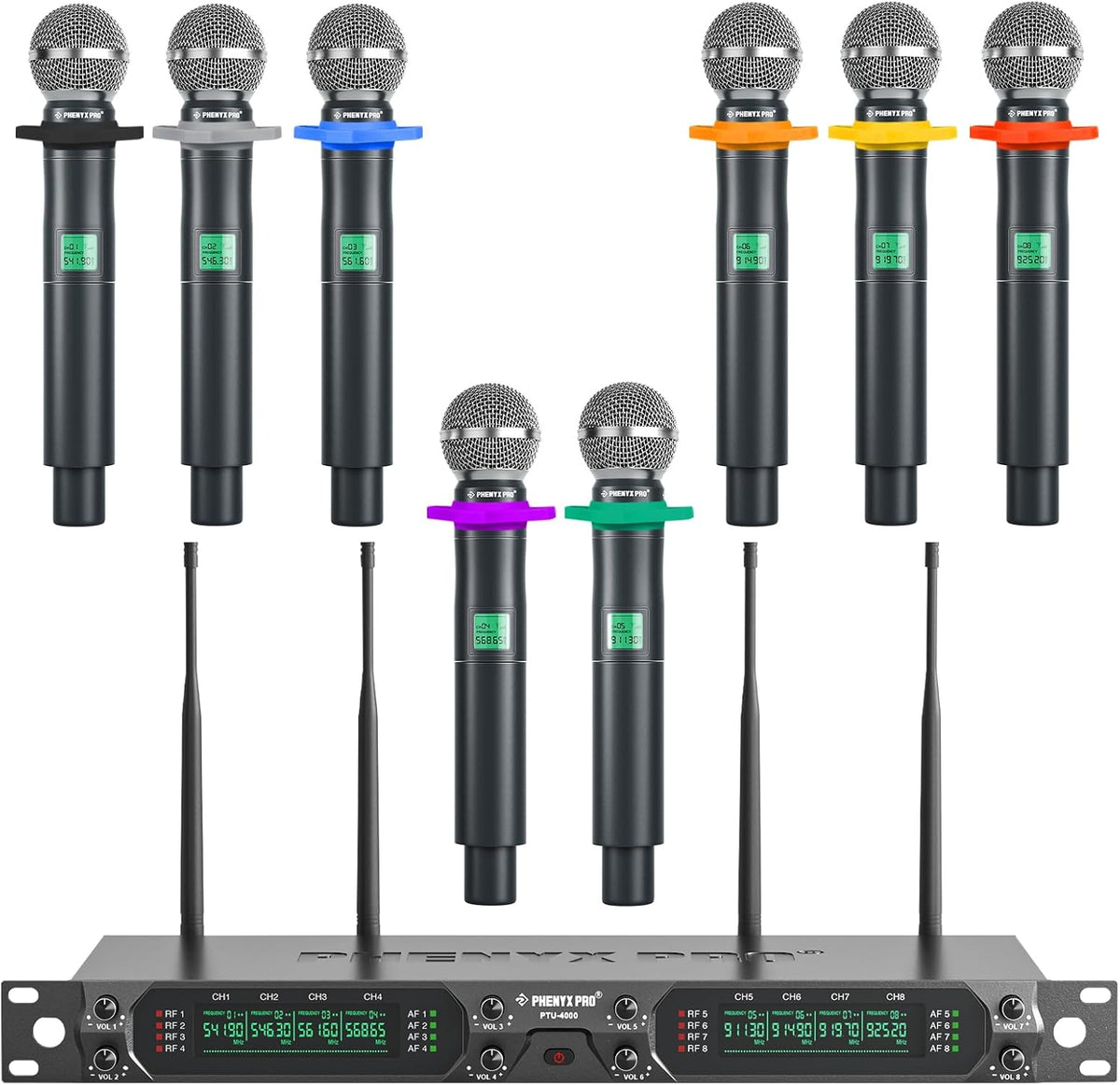 Phenyx Pro 8-kanaals UHF draadloos microfoonsysteem met metalen handheld dynamische microfoons, vaste frequentiemicrofoon voor karaoke, kerk, zingen, DJ, 260ft bereik (PTU-4000-8H)