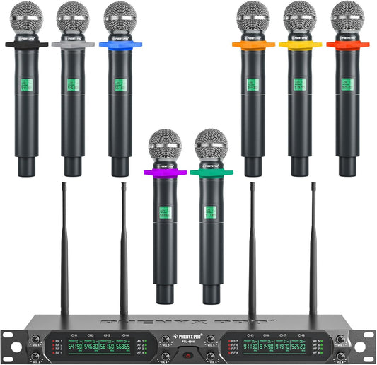 Phenyx Pro 8-kanaals UHF draadloos microfoonsysteem met metalen handheld dynamische microfoons, vaste frequentiemicrofoon voor karaoke, kerk, zingen, DJ, 260ft bereik (PTU-4000-8H)