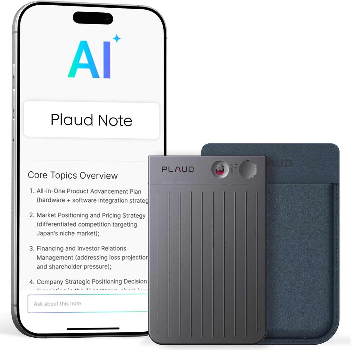 Plaud Note Digitale AI Spraakrecorder voice recorder met AI Transcriptie en samenvattingen audio ondersteunt 112 talen audio recorder voor colleges vergaderingen (Zwarte Note met donkerblauwe hoes)