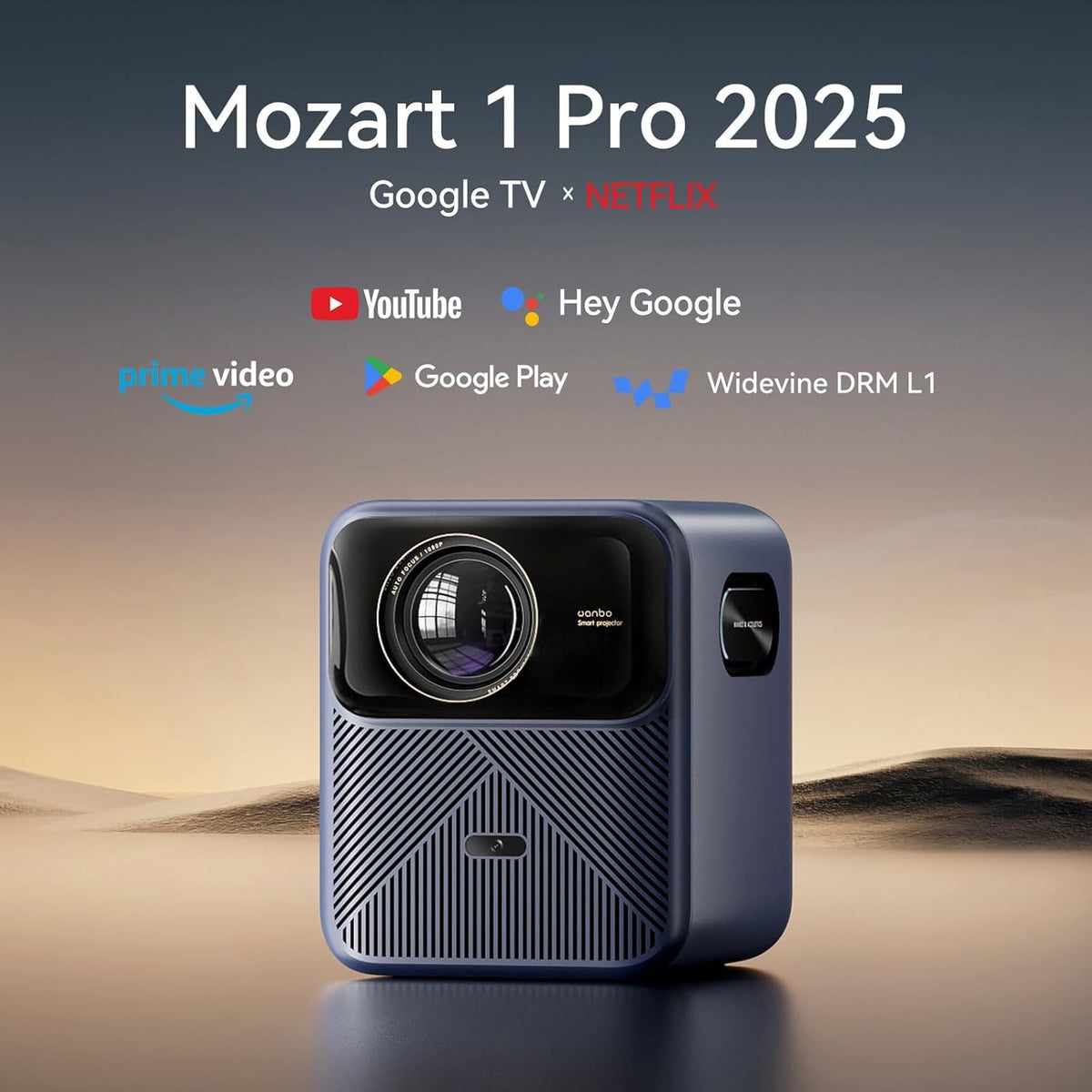 WANBO Mozart 1 Pro Projector 4K met Google TV【MEMC VRR/Netflix/1200ANSI】HDR10, 20W Hifi Speaker, Auto Focus Keystone, Native Full HD 1080P, Bluetooth 2.4G+5G Wifi, Smart Beamer for Home/Outdoor/Gaming