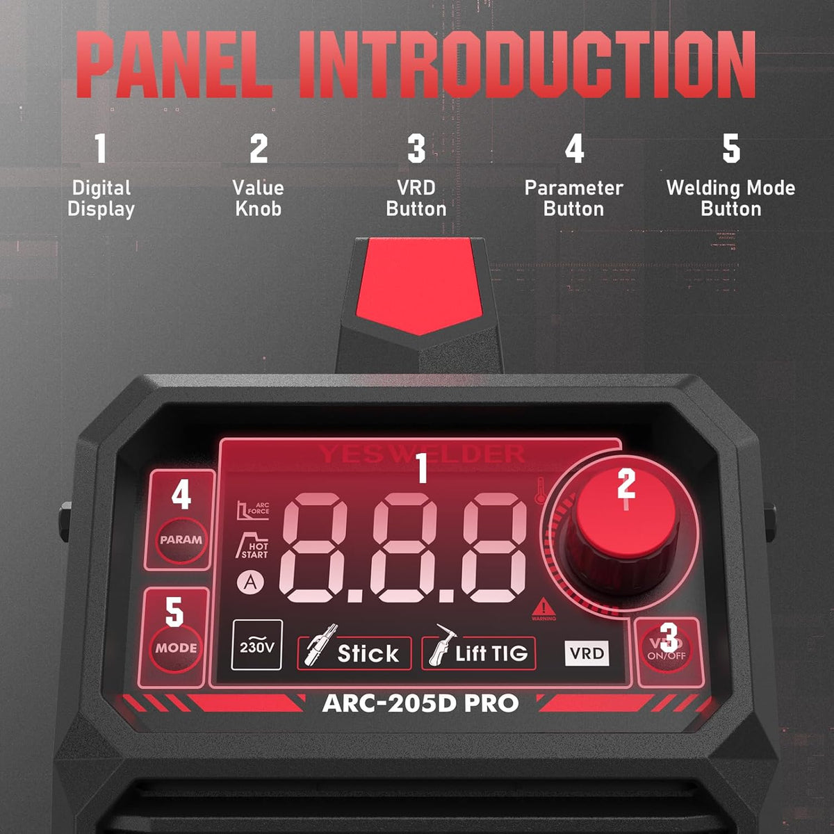 YESWELDER 205Amp ARC Lasser 230V MMA/Lift TIG draagbare Stick Lasser, Grote LED Display Digitale Inverter IGBT Lasmachine met Hot Start Arc kracht, Anti-Stick