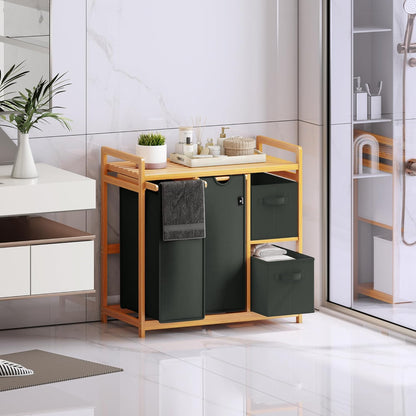 ADEL DREAM Wasmand, 4 vakken, wasverzamelaar, 140 liter, wasboxen met mand, wassorteerder met 2 waszakken en 2 stoffen boxen met plank, waszak, bamboe, wasrek, wasbox, laundry basket, donkergrijs