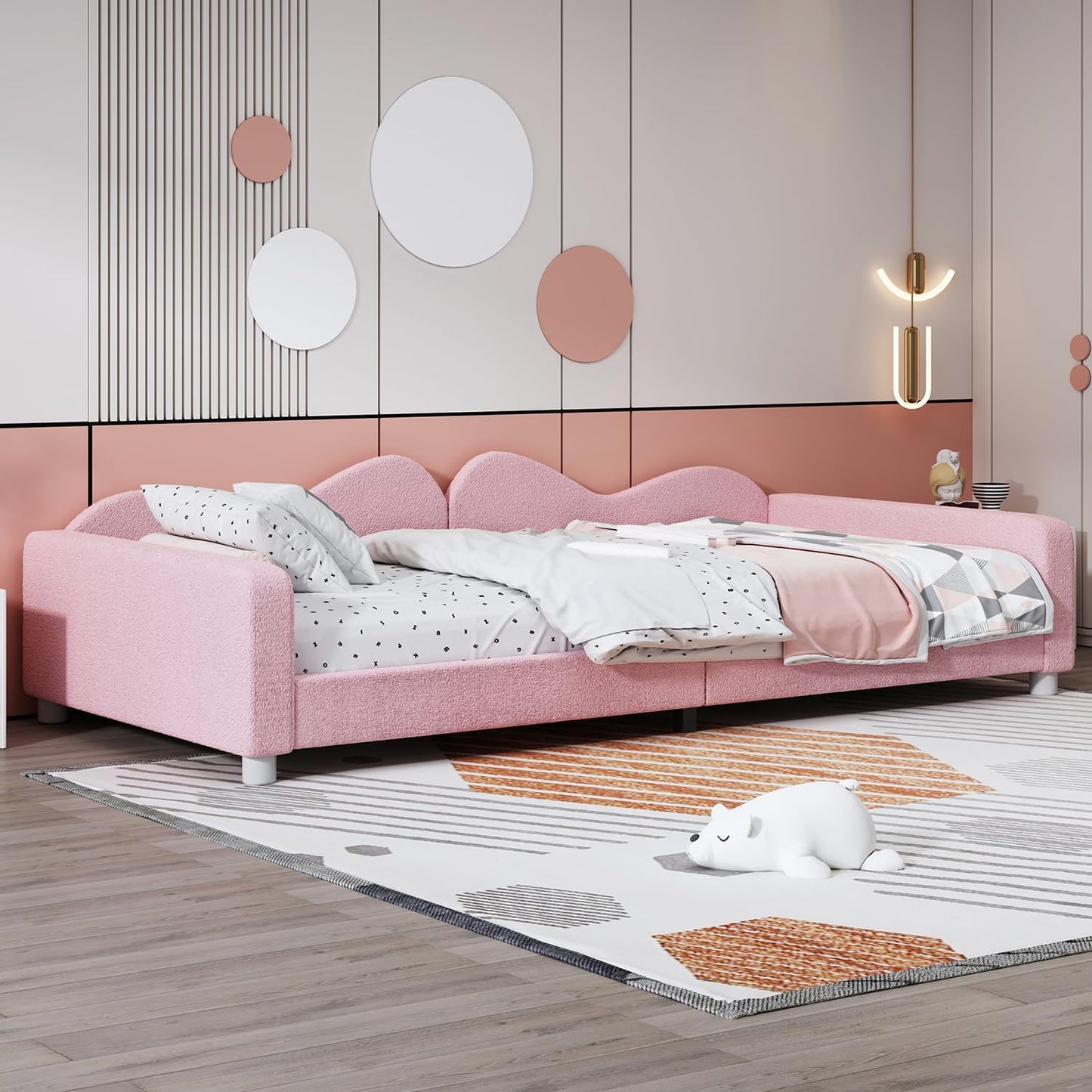 Kinderbedkussen Bed - Slaapbank Frame - Teddy Doek Multifunctionele - Rugleuning Armleuning Zacht Bed - Eugdbed Gastenbed - 90*200 cm - 01 Roze