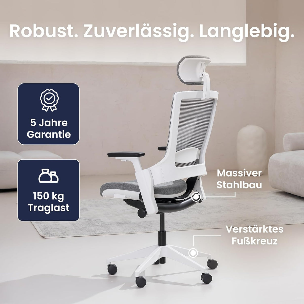 Ergonomische Bureaustoel – Bureaustoel Kantoor – Bureaustoel Met Wieltjes – Draaibare Bureaustoel – Orthopedische Bureaustoel – Synchroonmechanisme Voor Natuurlijke Houding – Verstelbare Lendensteun en Hoofdsteun