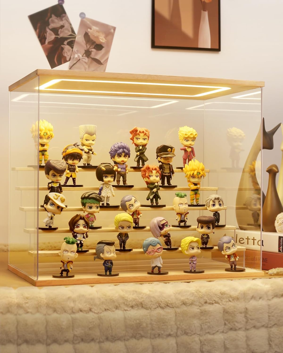 Doorzichtige Acrylen Vitrine met Licht Verlichting, 3/4/5/6 Laags Stofdichte Bescherming LED Displaykast voor Miniaturen, Modelauto’s, Actiefiguren (Hout, 6 Laags-50x32x42cm)