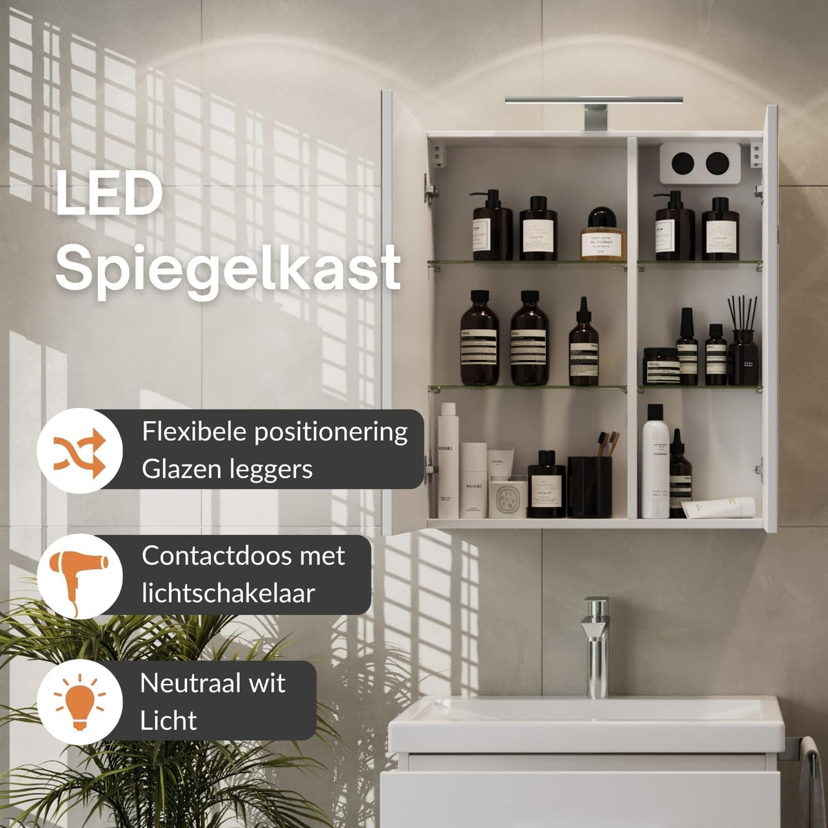 Planetmöbel Bathroom Furniture Set Sink with Bathroom Furniture 63 x 60 x 36.5 cm, Mirror Cabinet 60 cm with LED Lighting (Matt Black) & Socket, Modern Bathroom Furniture, White - QUORE