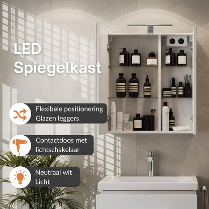 Planetmöbel Bathroom Furniture Set Sink with Bathroom Furniture 63 x 60 x 36.5 cm, Mirror Cabinet 60 cm with LED Lighting (Matt Black) & Socket, Modern Bathroom Furniture, White - QUORE